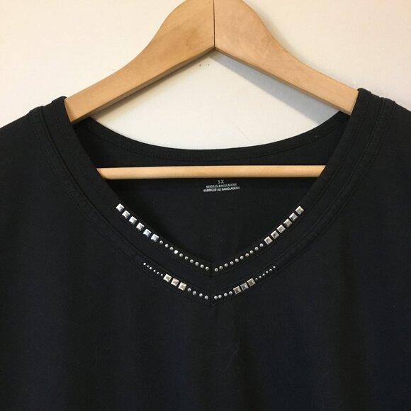 Vintage Black Silver Studded Rhinestone Collar Cotton Blend Tee - Picture 3 of 12